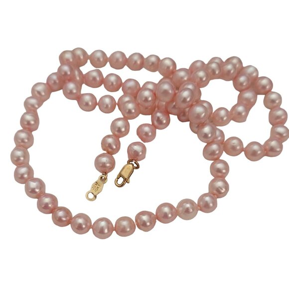 10K Yellow Gold Knotted Pink Fresh Water Pearl Necklace Strand, 18" Long E874 - Picture 3 of 7